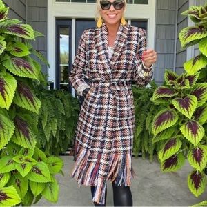 Cabi 3901 Regency Coat Autumn palette featuring handmade fringe/polka dot lined